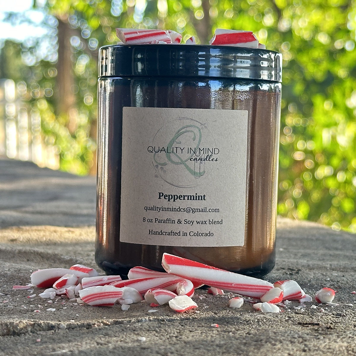 Peppermint Scented Candle in an outdoorsy setting